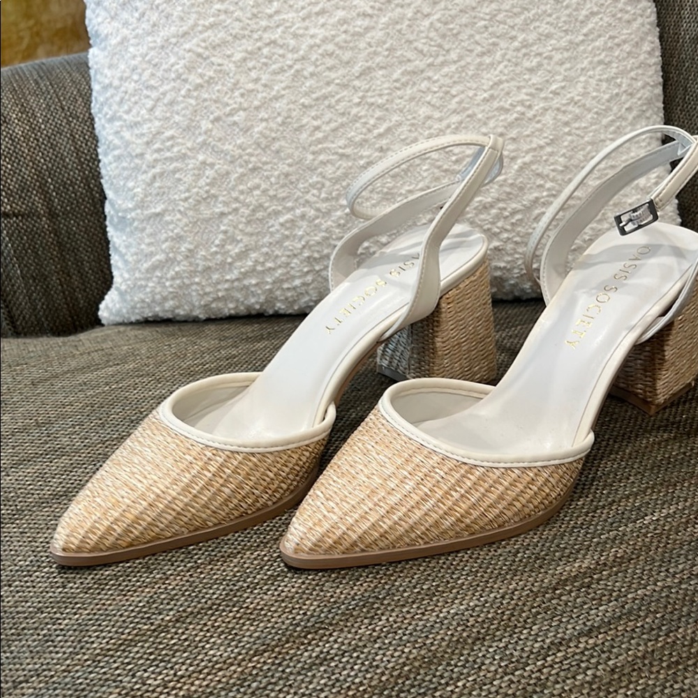 Tan and White Slingback Heels with Pointed Toe